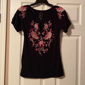 Black and pink embroidered top